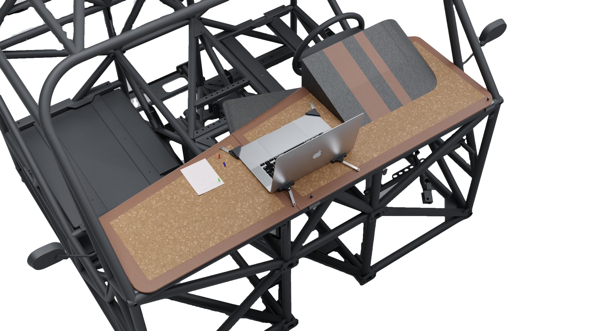 Console layout, bird's-eye view, all primary controls within reach of the driver's seat